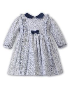 Sarah Louise Girls Blue Floral Dress With Velvet Features