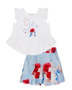 Balloon Chic White T-shirt And Blue Poppy Themed Shorts Set