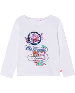Billieblush Ivory Long Sleeve T-Shirt With Sequins And Sparkly Print