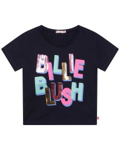 Billieblush Girls Navy Blue Large Glitter & Sequin Logo T-Shirt