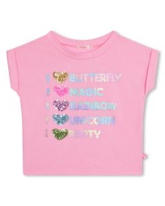Billieblush Girls Pink Sequin Heart & Slogan T-Shirt
