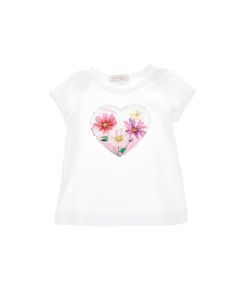 Monnalisa Girls White Cotton Floral Heart T-Shirt