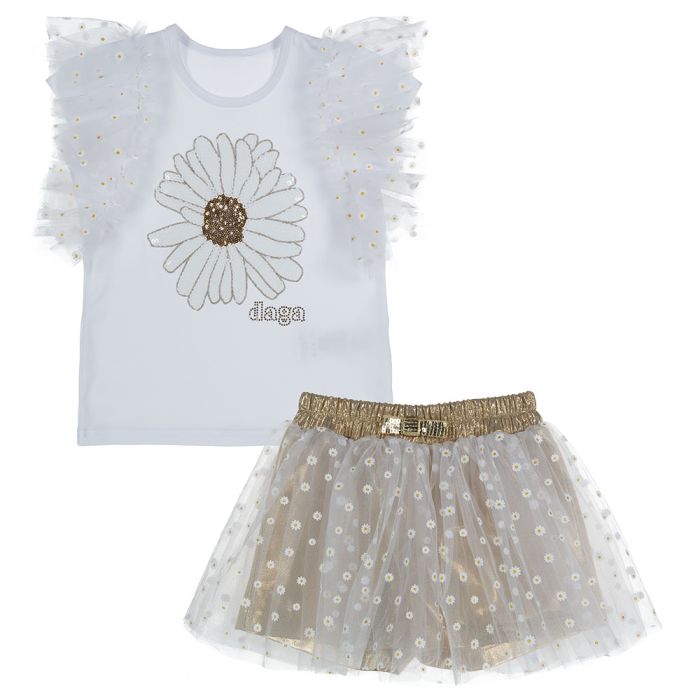 Daga Girls White and Gold Daisy Tulle T-shirt And Shorts Set
