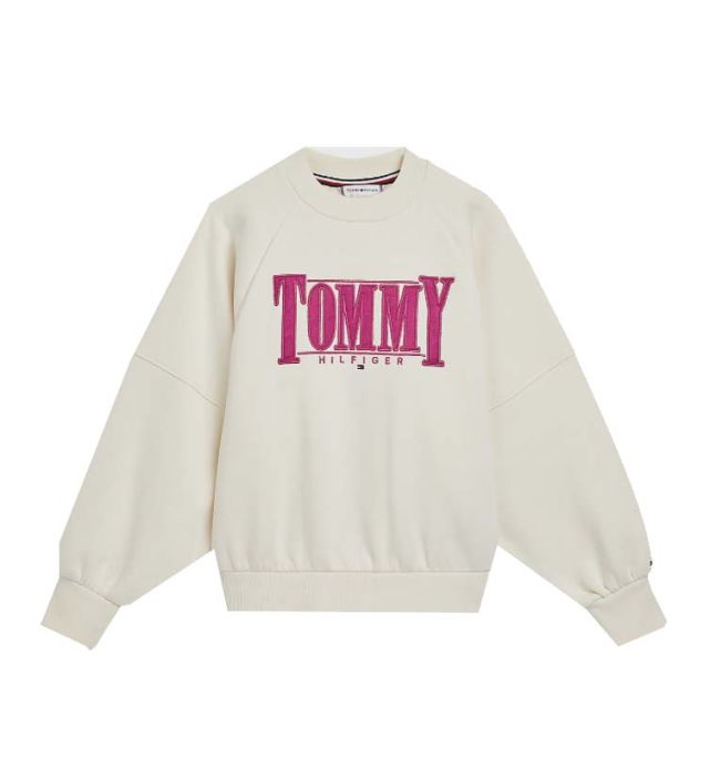 Tommy Hilfiger Girls Ivory \'Sateen\' Logo Sweatshirt With Pink Logo