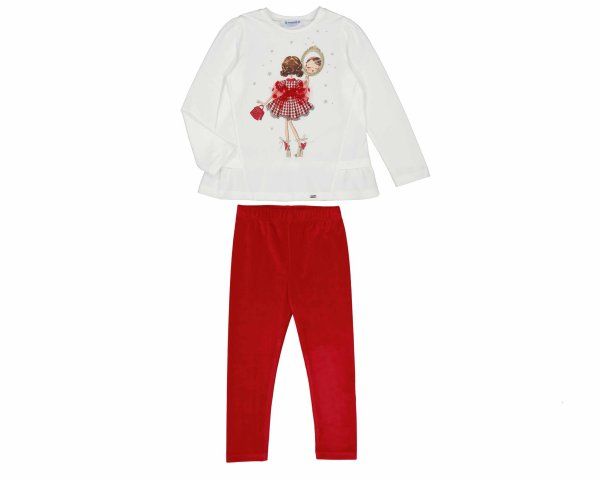 Mayoral Girls Ivory And Red Two Piece Set With Velvet Leggings
